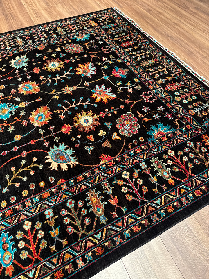 Sultani Çiçekli Orijinal El Dokuması Siyah Kök Boya Yün Halı 211x307 6.48 Metrekare - 7x10 ft