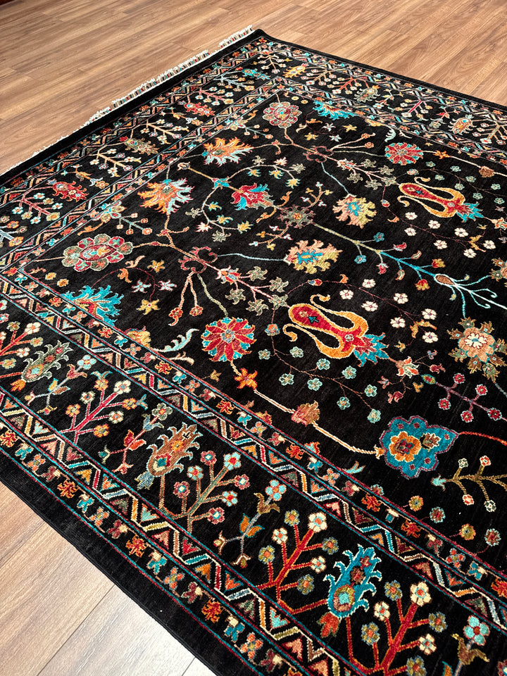 Sultani Çiçekli Orijinal El Dokuması Siyah Kök Boya Yün Halı 211x307 6.48 Metrekare - 7x10 ft