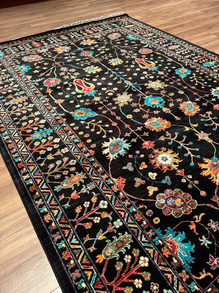 Sultani Çiçekli Orijinal El Dokuması Siyah Kök Boya Yün Halı 211x307 6.48 Metrekare - 7x10 ft