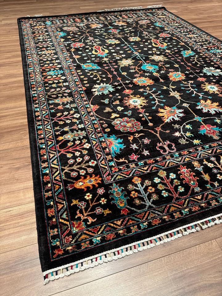 Sultani Çiçekli Orijinal El Dokuması Siyah Kök Boya Yün Halı 211x307 6.48 Metrekare - 7x10 ft