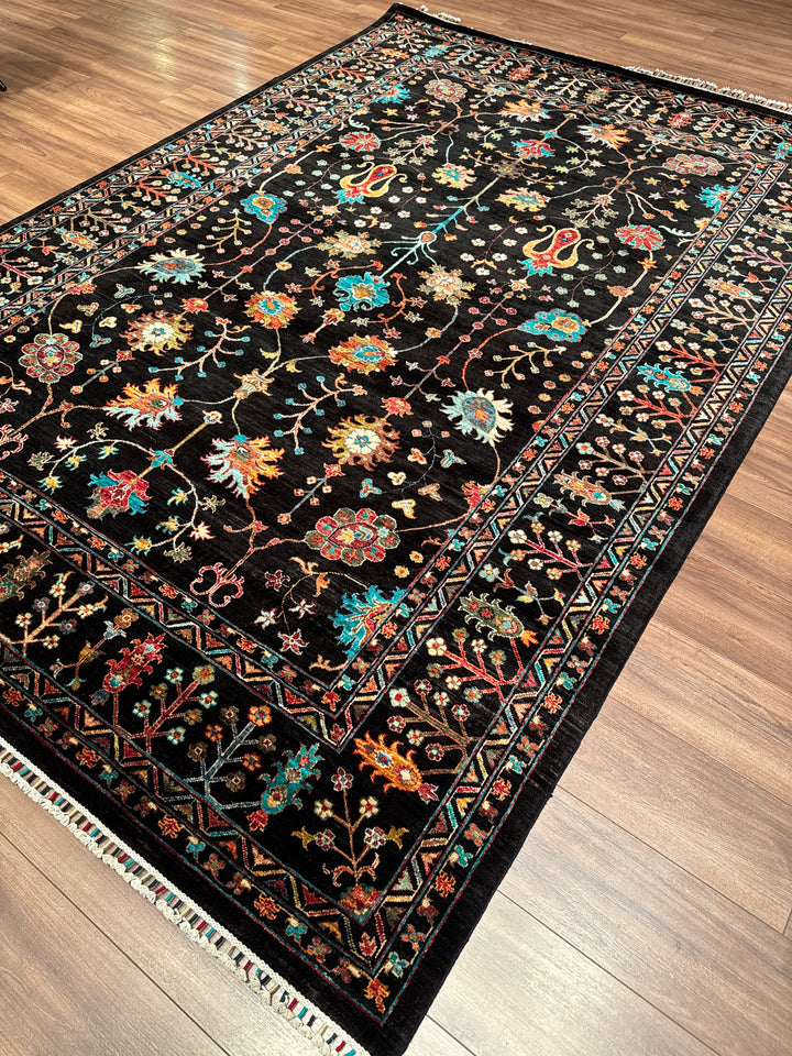 Sultani Çiçekli Orijinal El Dokuması Siyah Kök Boya Yün Halı 211x307 6.48 Metrekare - 7x10 ft