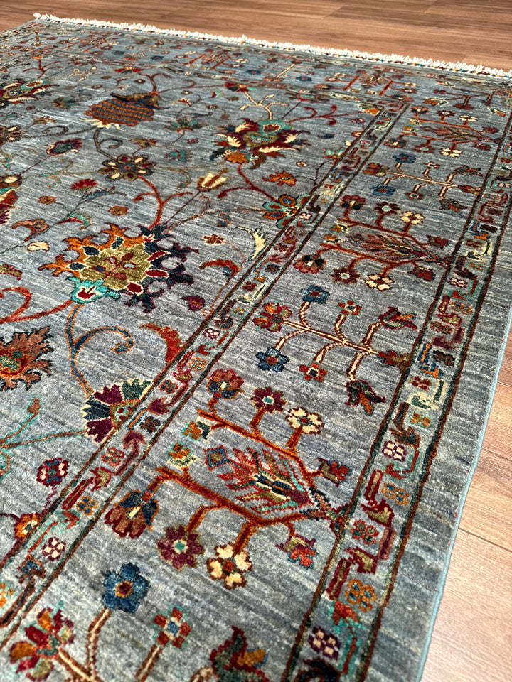 سجادة سلطاني بينبيرجيسي الأصلية المصنوعة يدويًا من الصوف الرمادي المصبوغ بصبغة الجذور، 174 × 240، 4.18 متر مربع - 6 × 8 قدم 