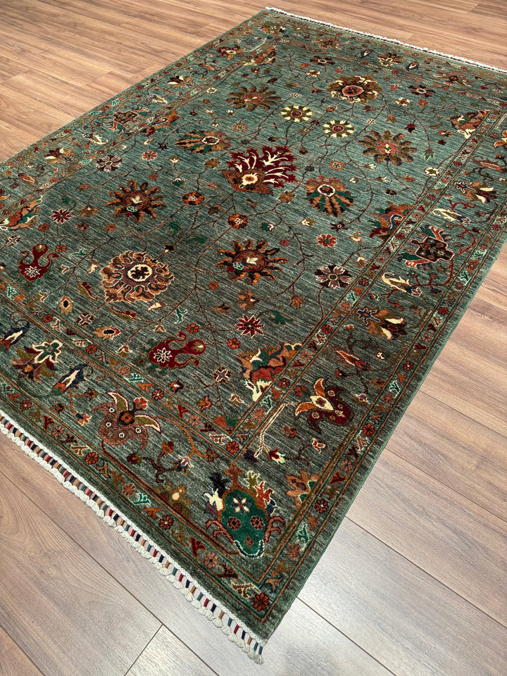 Sultani Binbirgece Original Hand-Woven Green Vegetable Dyed Wool Carpet 173x240 4.15 Square Meters - 5x8