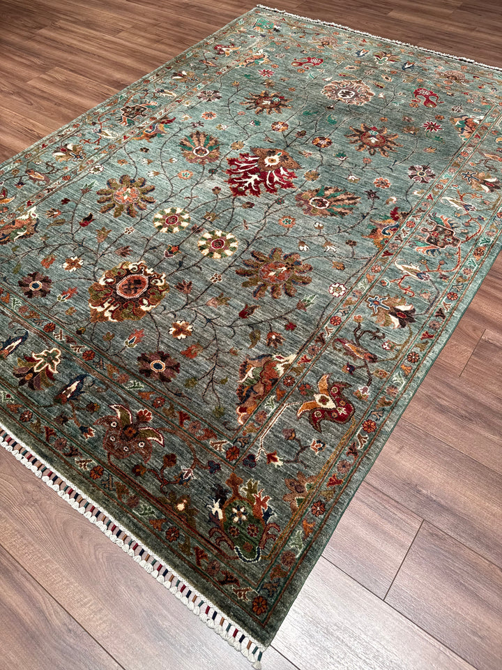 Sultani Binbirgece Original Hand-Woven Green Vegetable Dyed Wool Carpet 173x240 4.15 Square Meters - 5x8