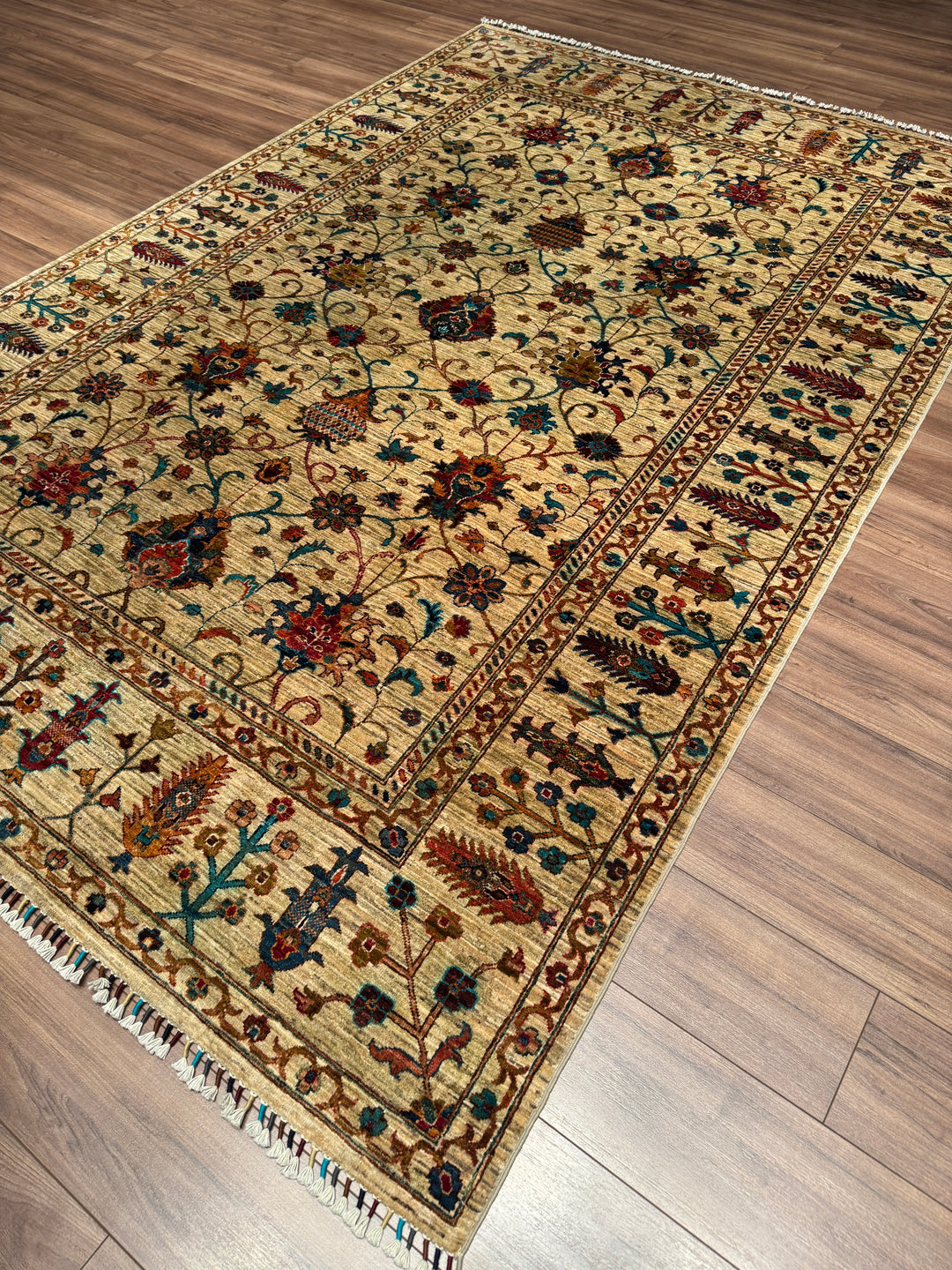 Sultani Binbirgece Orijinal El Dokuması Bej Kök Boya Yün Halı 205x307 6.29 Metrekare - 7x10 ft