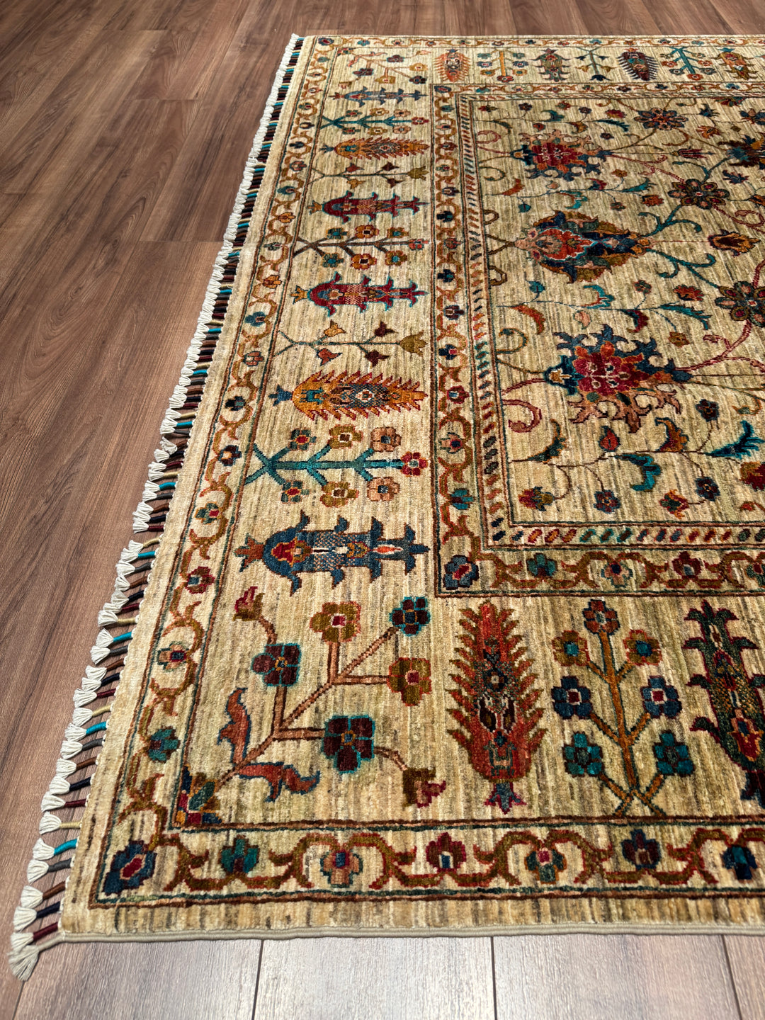Sultani Binbirgece Orijinal El Dokuması Bej Kök Boya Yün Halı 205x307 6.29 Metrekare - 7x10 ft