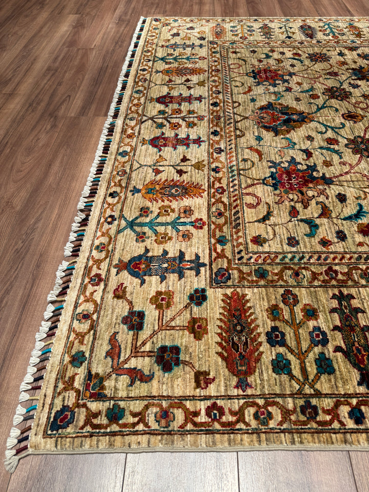 Sultani Binbirgece Orijinal El Dokuması Bej Kök Boya Yün Halı 205x307 6.29 Metrekare - 7x10 ft