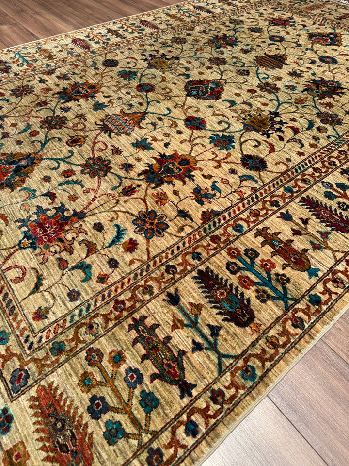 Sultani Binbirgece Orijinal El Dokuması Bej Kök Boya Yün Halı 205x307 6.29 Metrekare - 7x10 ft