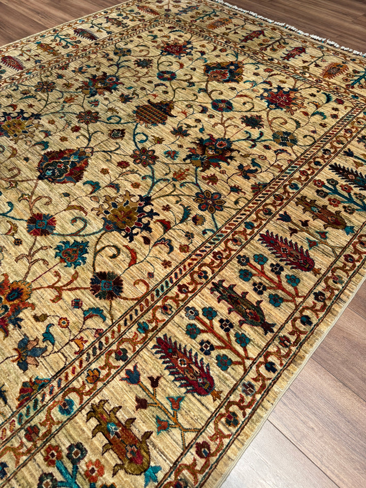 Sultani Binbirgece Orijinal El Dokuması Bej Kök Boya Yün Halı 205x307 6.29 Metrekare - 7x10 ft