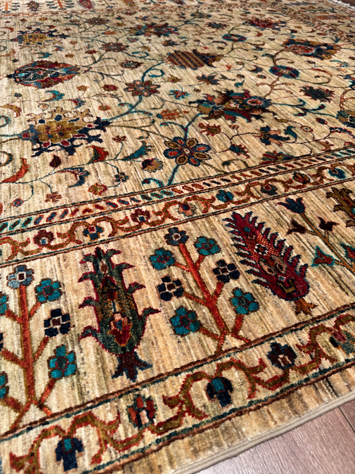 Sultani Binbirgece Orijinal El Dokuması Bej Kök Boya Yün Halı 205x307 6.29 Metrekare - 7x10 ft