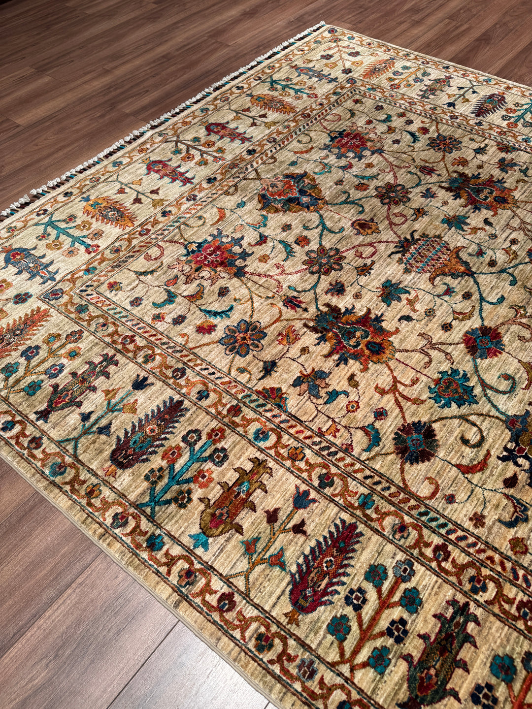 Sultani Binbirgece Orijinal El Dokuması Bej Kök Boya Yün Halı 205x307 6.29 Metrekare - 7x10 ft
