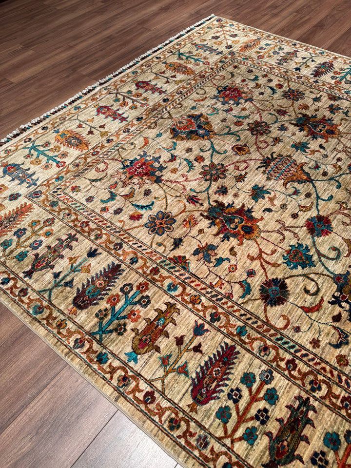 Sultani Binbirgece Orijinal El Dokuması Bej Kök Boya Yün Halı 205x307 6.29 Metrekare - 7x10 ft