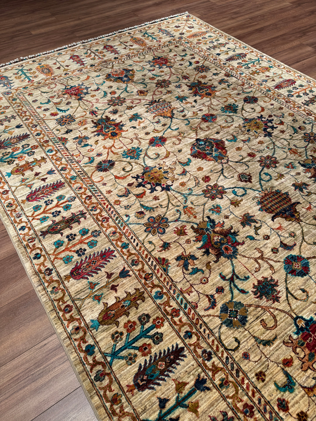 Sultani Binbirgece Orijinal El Dokuması Bej Kök Boya Yün Halı 205x307 6.29 Metrekare - 7x10 ft