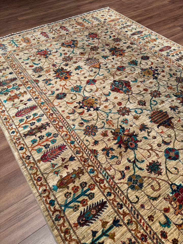 Sultani Binbirgece Orijinal El Dokuması Bej Kök Boya Yün Halı 205x307 6.29 Metrekare - 7x10 ft