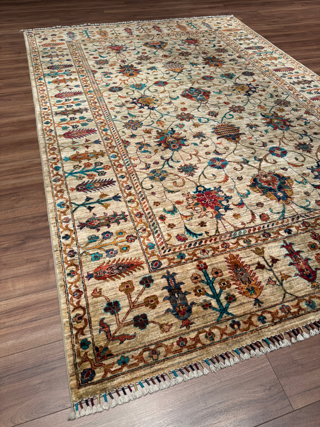Sultani Binbirgece Orijinal El Dokuması Bej Kök Boya Yün Halı 205x307 6.29 Metrekare - 7x10 ft