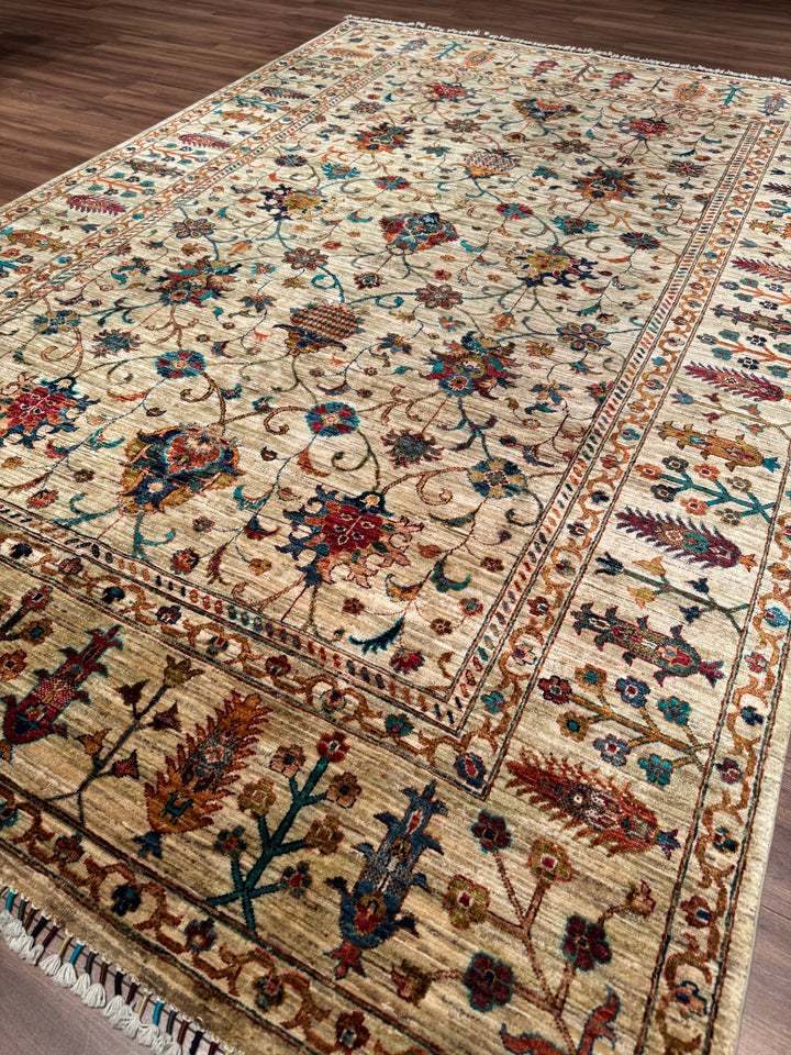 Sultani Binbirgece Orijinal El Dokuması Bej Kök Boya Yün Halı 205x307 6.29 Metrekare - 7x10 ft