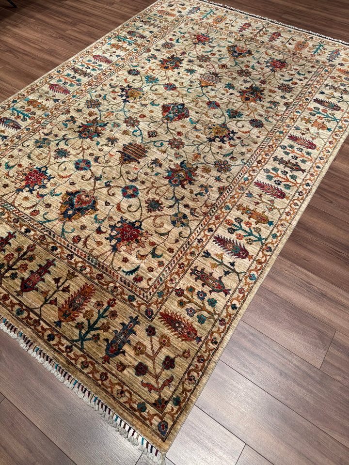 Sultani Binbirgece Orijinal El Dokuması Bej Kök Boya Yün Halı 205x307 6.29 Metrekare - 7x10 ft