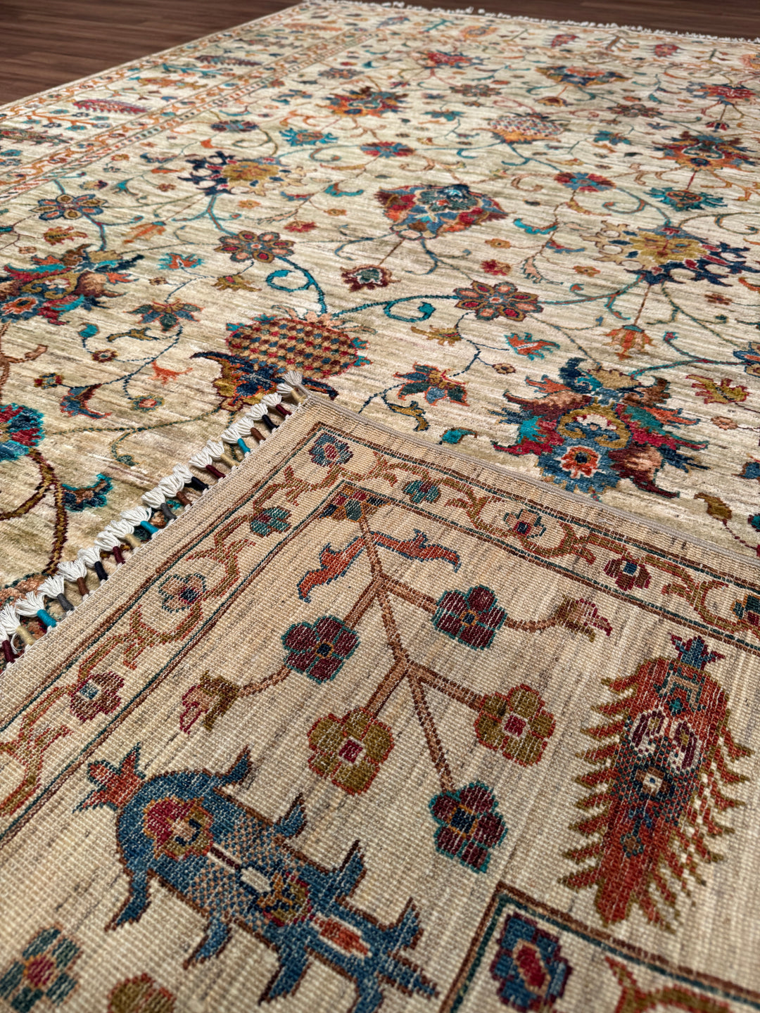 Sultani Binbirgece Orijinal El Dokuması Bej Kök Boya Yün Halı 205x307 6.29 Metrekare - 7x10 ft