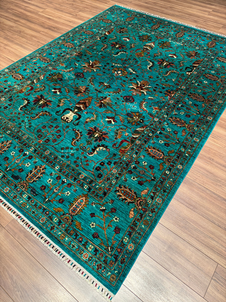 Sultani Binbirgece Orijinal El Dokuması Turkuaz Kök Boya Yün Halı 208x285 5.93 Metrekare - 7x10 ft