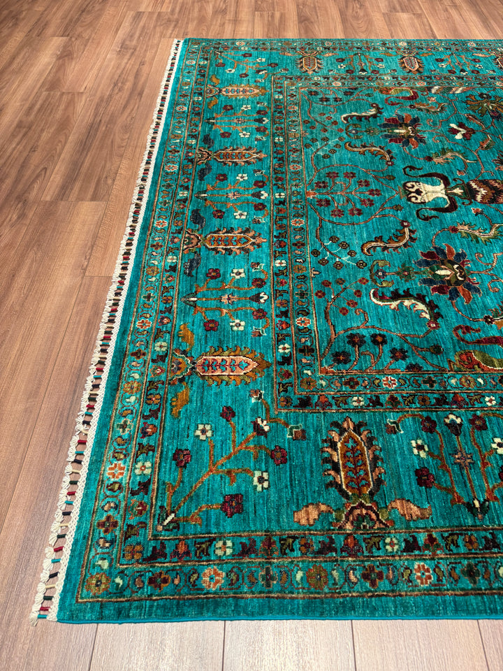 Sultani Binbirgece Orijinal El Dokuması Turkuaz Kök Boya Yün Halı 208x285 5.93 Metrekare - 7x10 ft