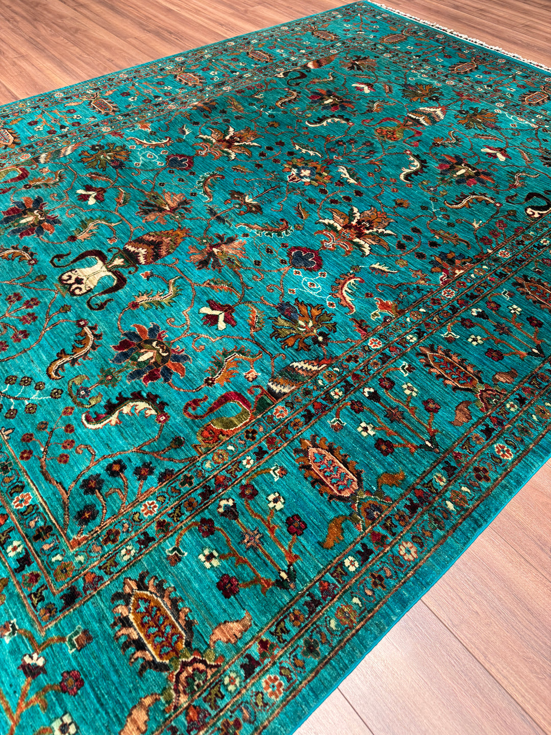 Sultani Binbirgece Orijinal El Dokuması Turkuaz Kök Boya Yün Halı 208x285 5.93 Metrekare - 7x10 ft