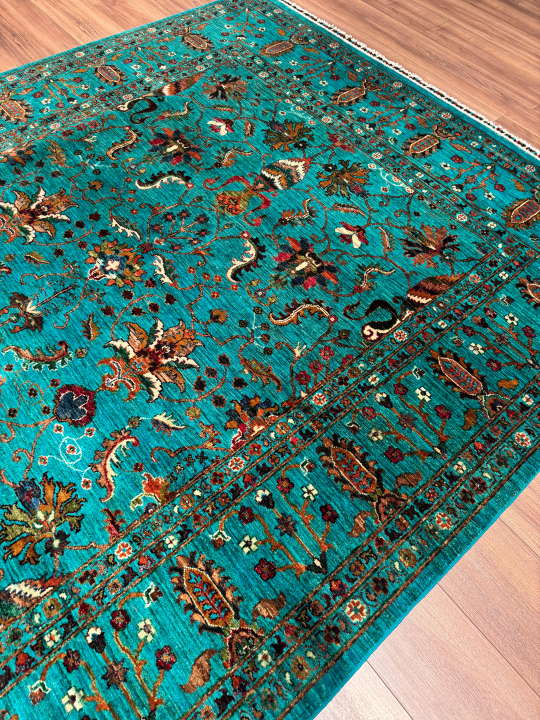 Sultani Binbirgece Orijinal El Dokuması Turkuaz Kök Boya Yün Halı 208x285 5.93 Metrekare - 7x10 ft