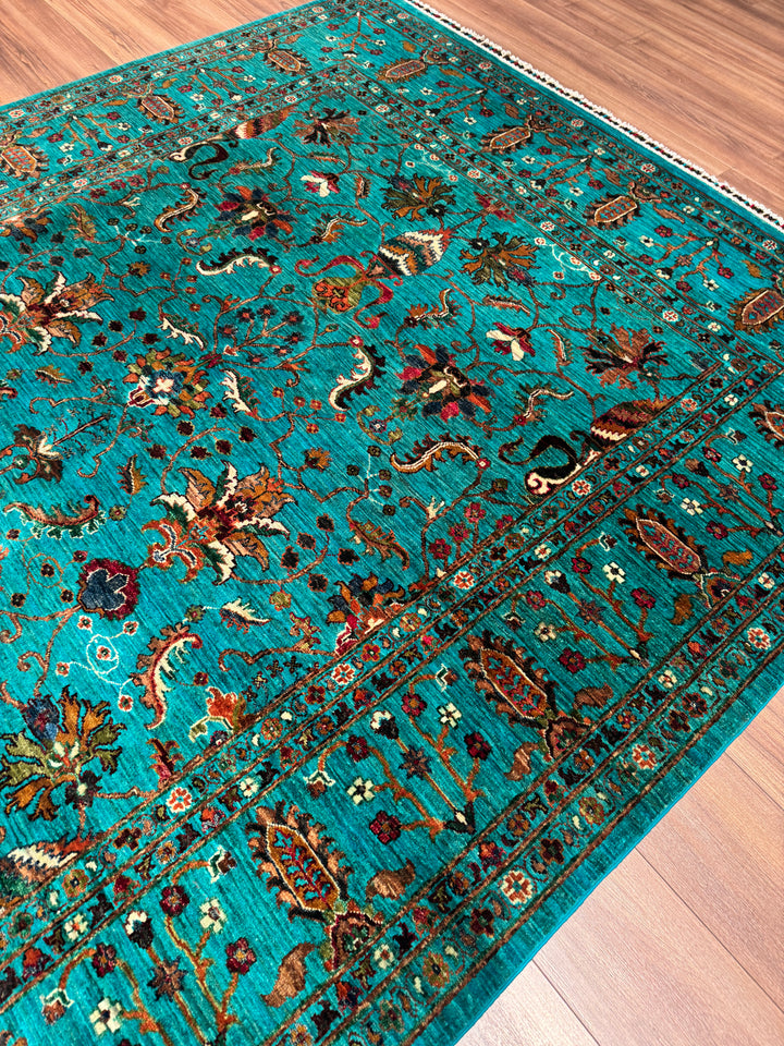 Sultani Binbirgece Orijinal El Dokuması Turkuaz Kök Boya Yün Halı 208x285 5.93 Metrekare - 7x10 ft