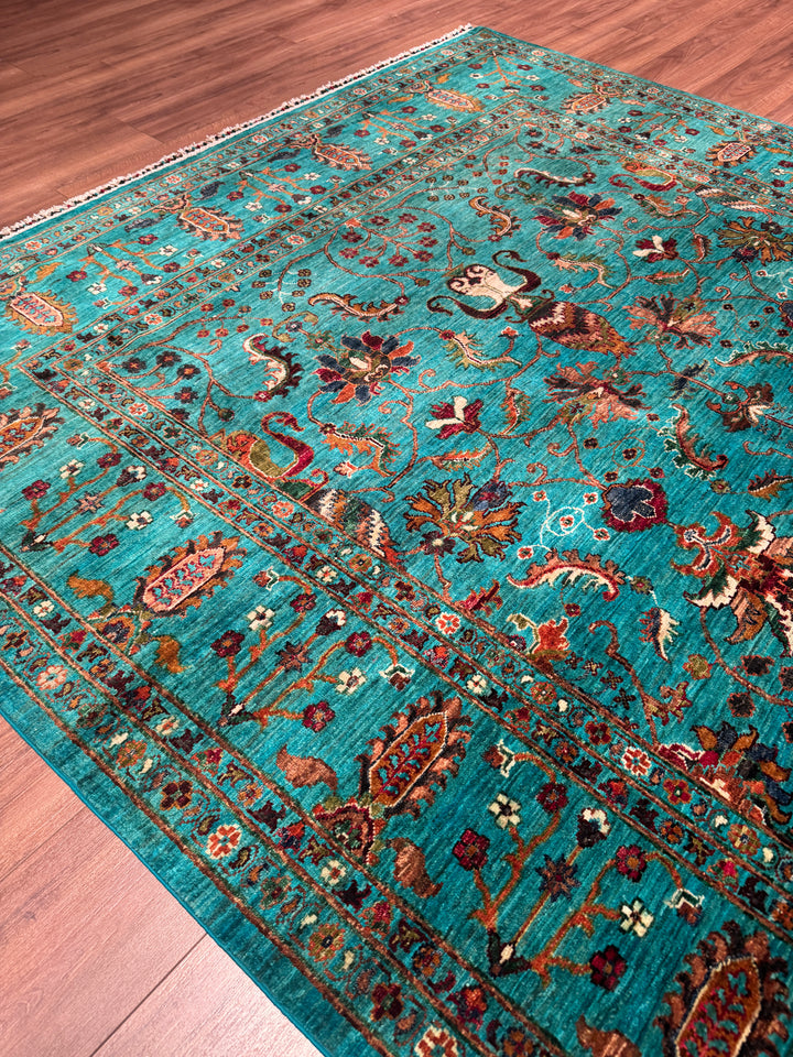Sultani Binbirgece Orijinal El Dokuması Turkuaz Kök Boya Yün Halı 208x285 5.93 Metrekare - 7x10 ft