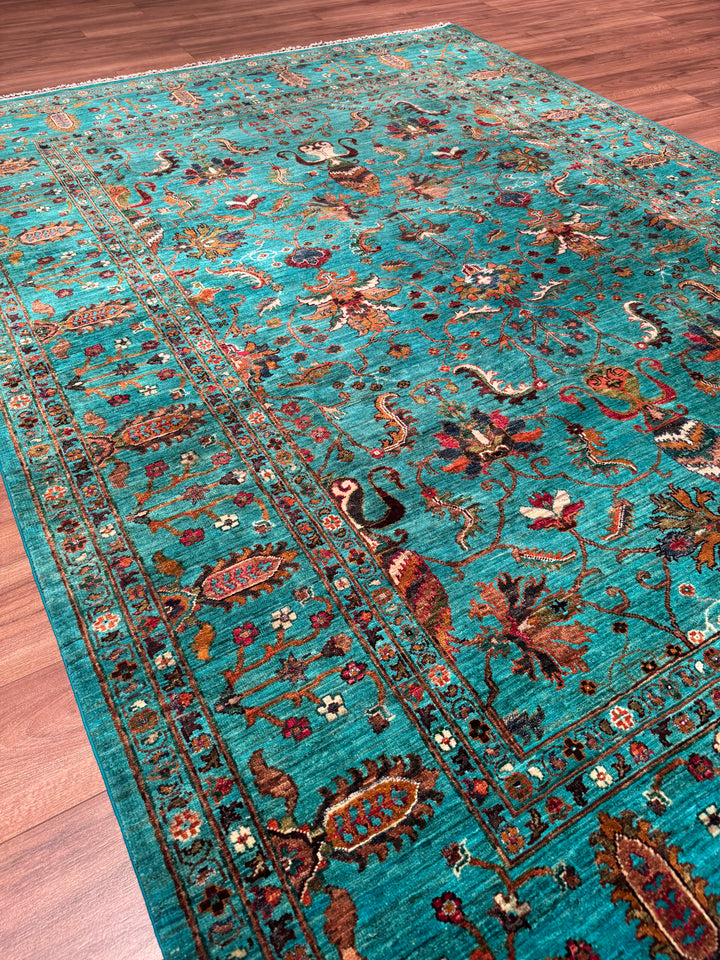 Sultani Binbirgece Orijinal El Dokuması Turkuaz Kök Boya Yün Halı 208x285 5.93 Metrekare - 7x10 ft