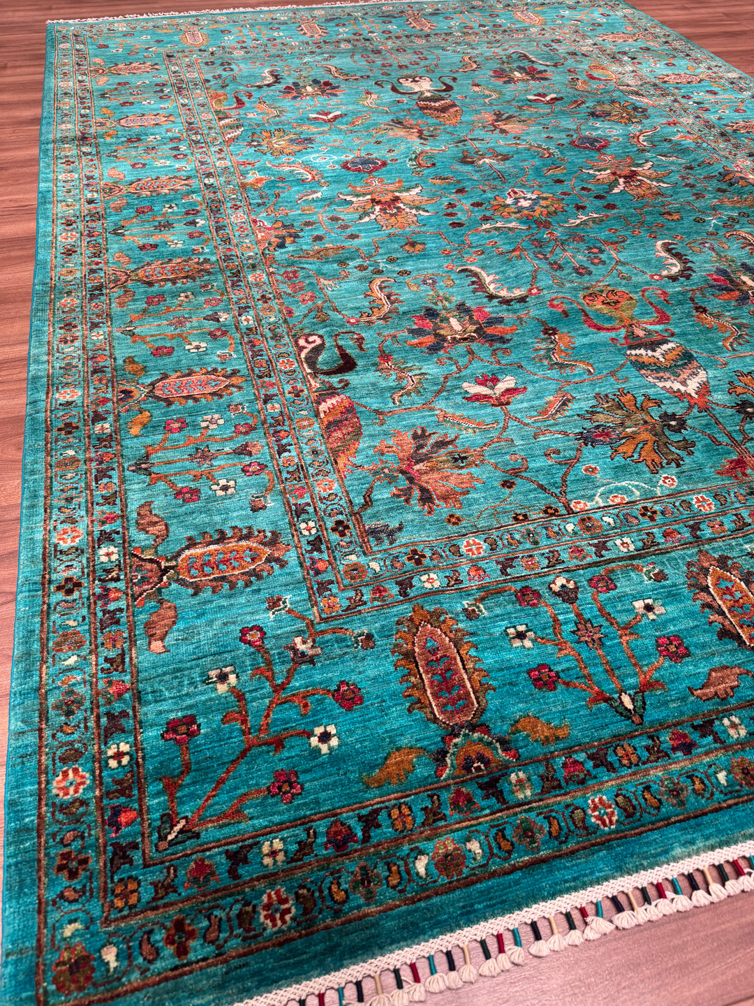 Sultani Binbirgece Orijinal El Dokuması Turkuaz Kök Boya Yün Halı 208x285 5.93 Metrekare - 7x10 ft