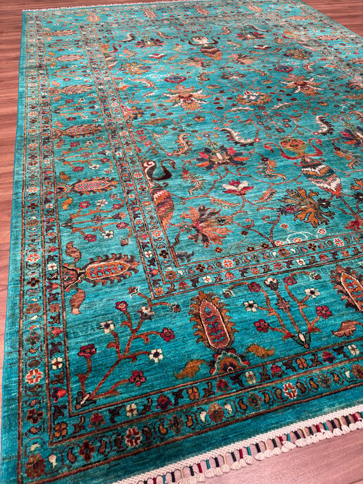 Sultani Binbirgece Orijinal El Dokuması Turkuaz Kök Boya Yün Halı 208x285 5.93 Metrekare - 7x10 ft