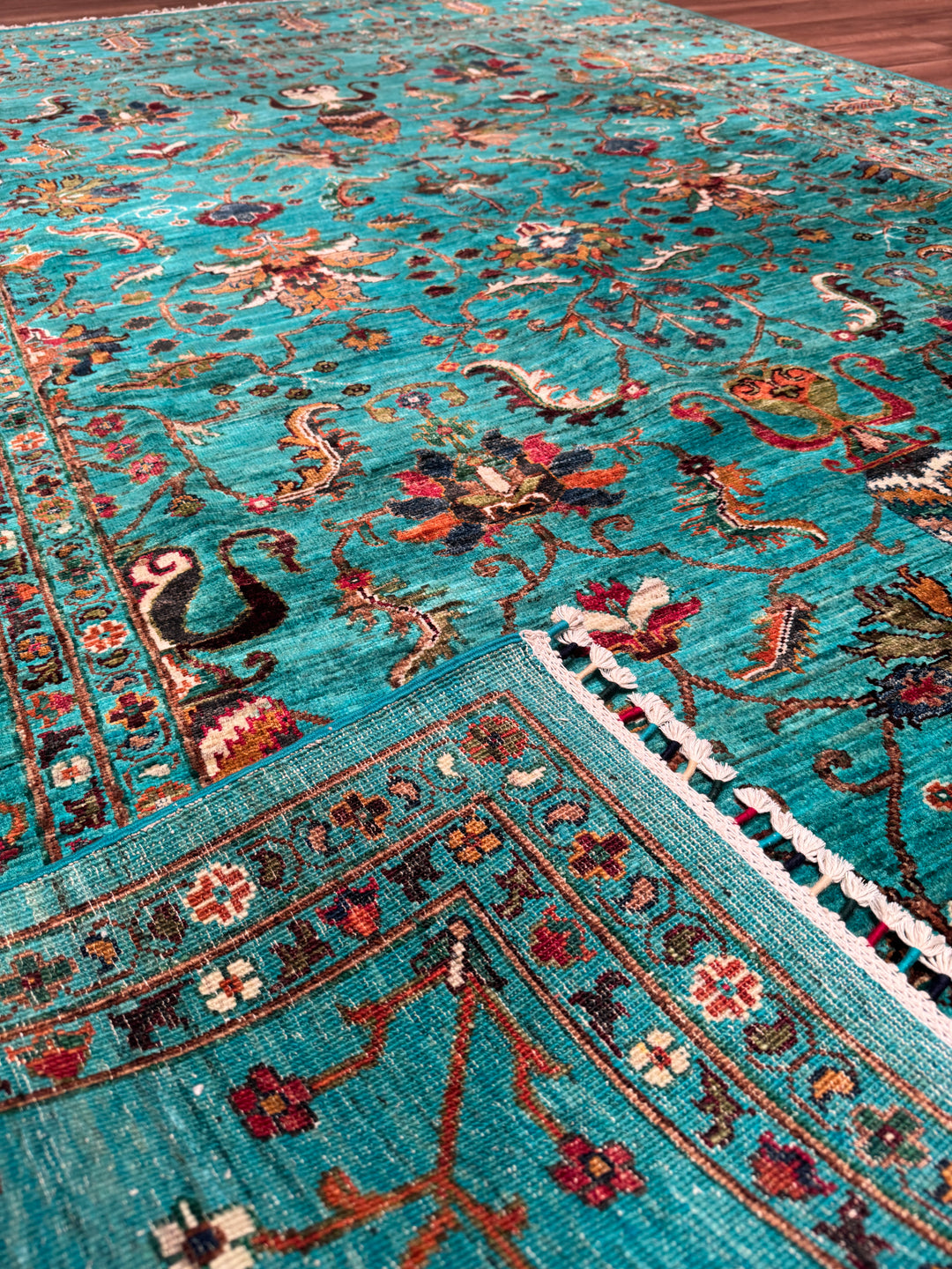 Sultani Binbirgece Orijinal El Dokuması Turkuaz Kök Boya Yün Halı 208x285 5.93 Metrekare - 7x10 ft