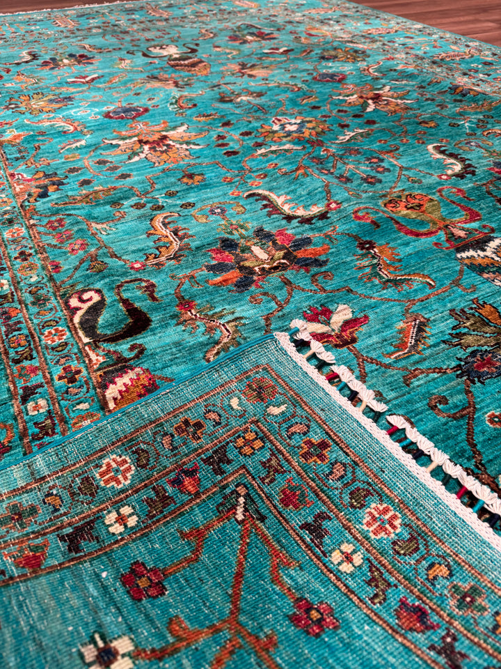 Sultani Binbirgece Orijinal El Dokuması Turkuaz Kök Boya Yün Halı 208x285 5.93 Metrekare - 7x10 ft