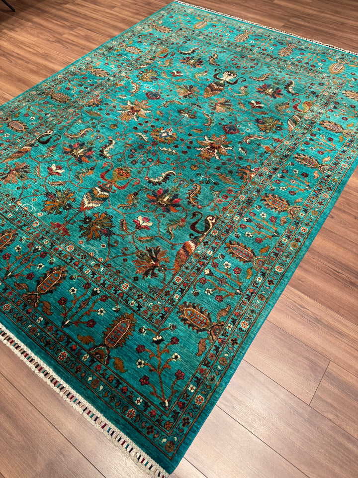Sultani Binbirgece Orijinal El Dokuması Turkuaz Kök Boya Yün Halı 208x285 5.93 Metrekare - 7x10 ft