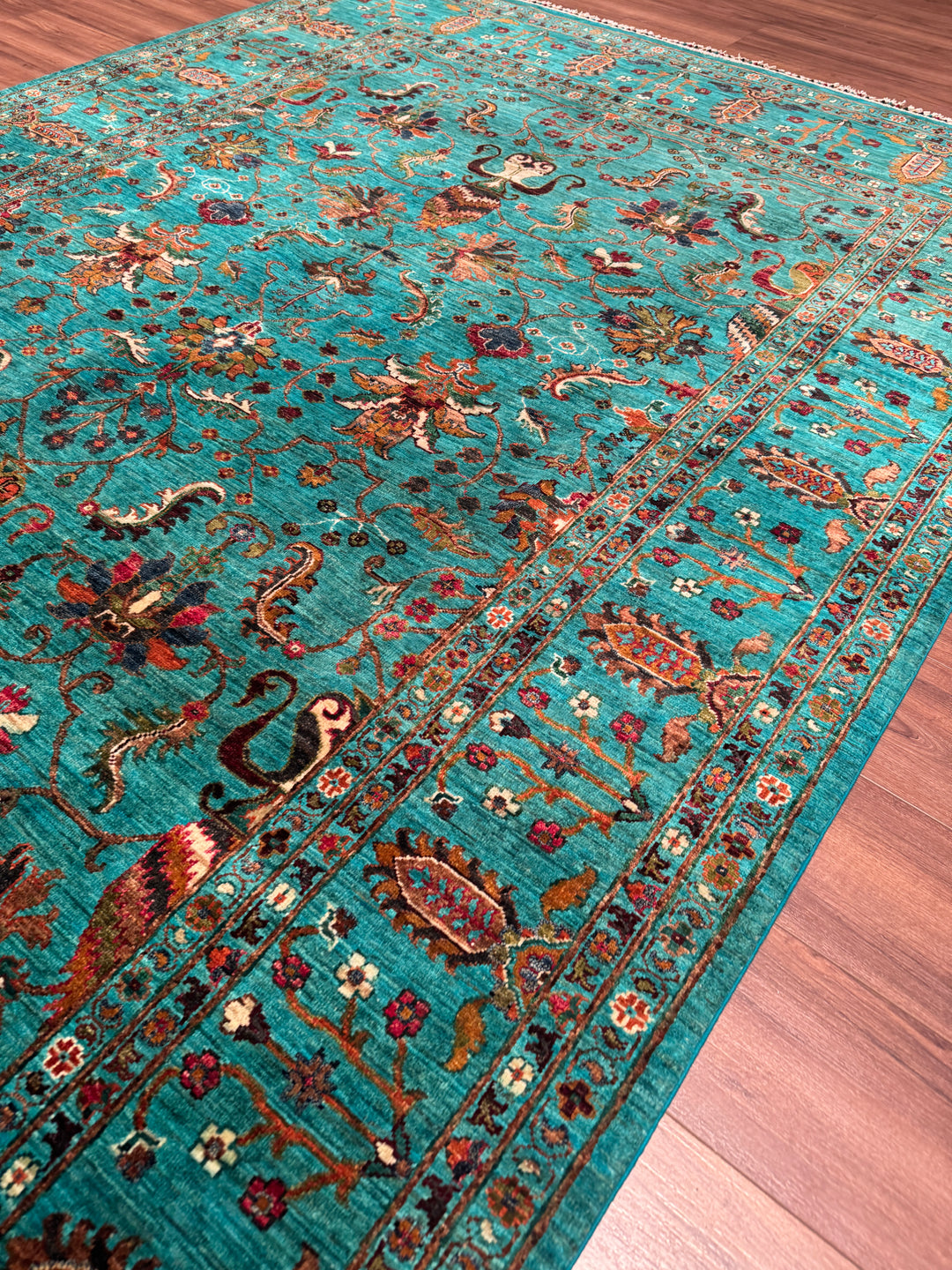 Sultani Binbirgece Orijinal El Dokuması Turkuaz Kök Boya Yün Halı 208x285 5.93 Metrekare - 7x10 ft