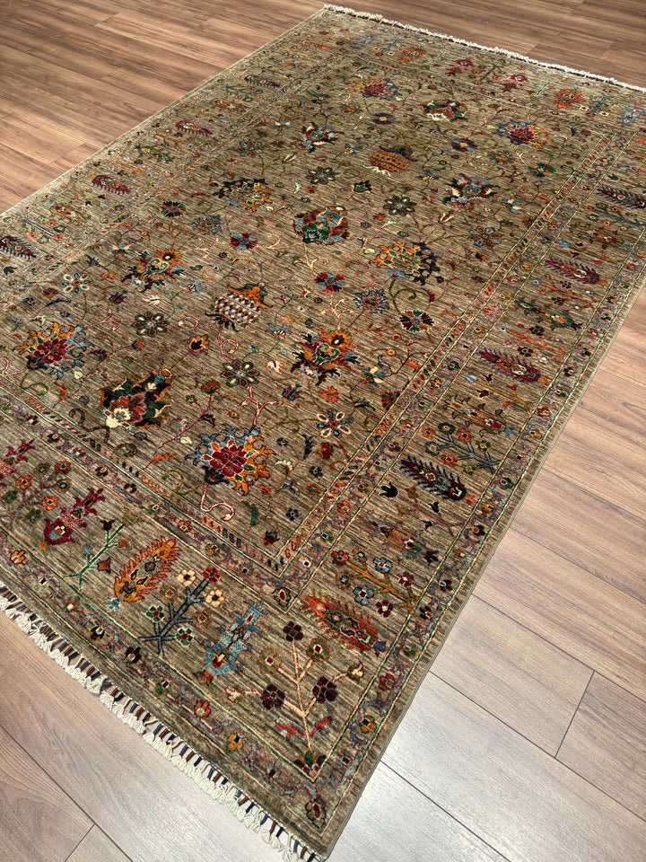 Sultani Binbirgece Orijinal El Dokuması Bej Kök Boya Yün Halı 202x288 5.82 Metrekare - 7x10 ft