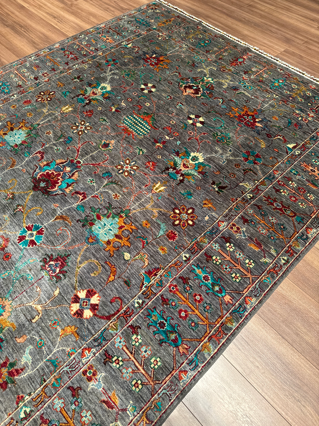 Sultani Binbirgece Orijinal El Dokuması Gri Kök Boya Yün Halı 198x305 6.04 Metrekare - 7x10 ft