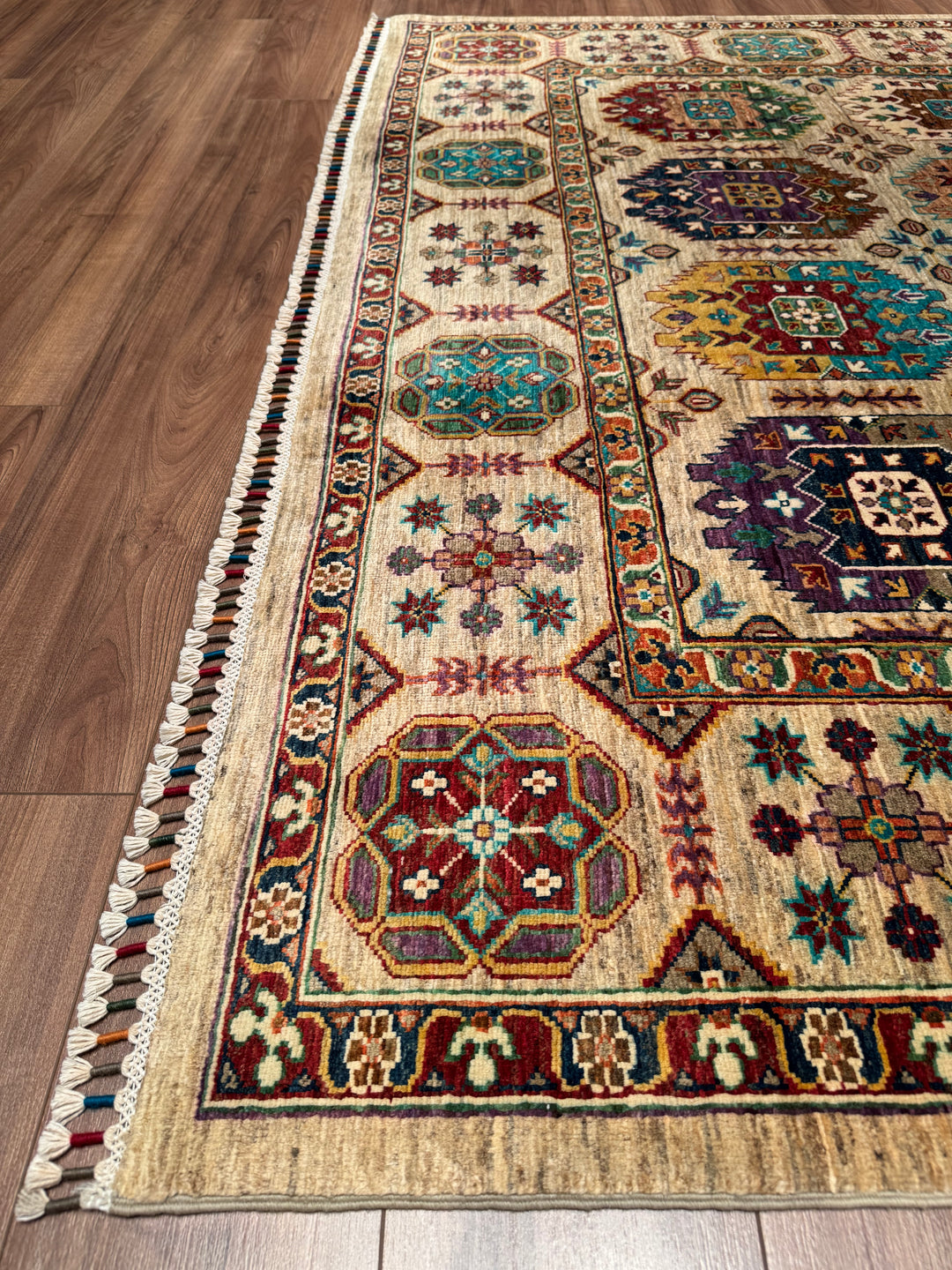 Veziri Orijinal El Dokuması Bej Kök Boya Yün Halı 209x312 6.52 Metrekare - 7x10 ft