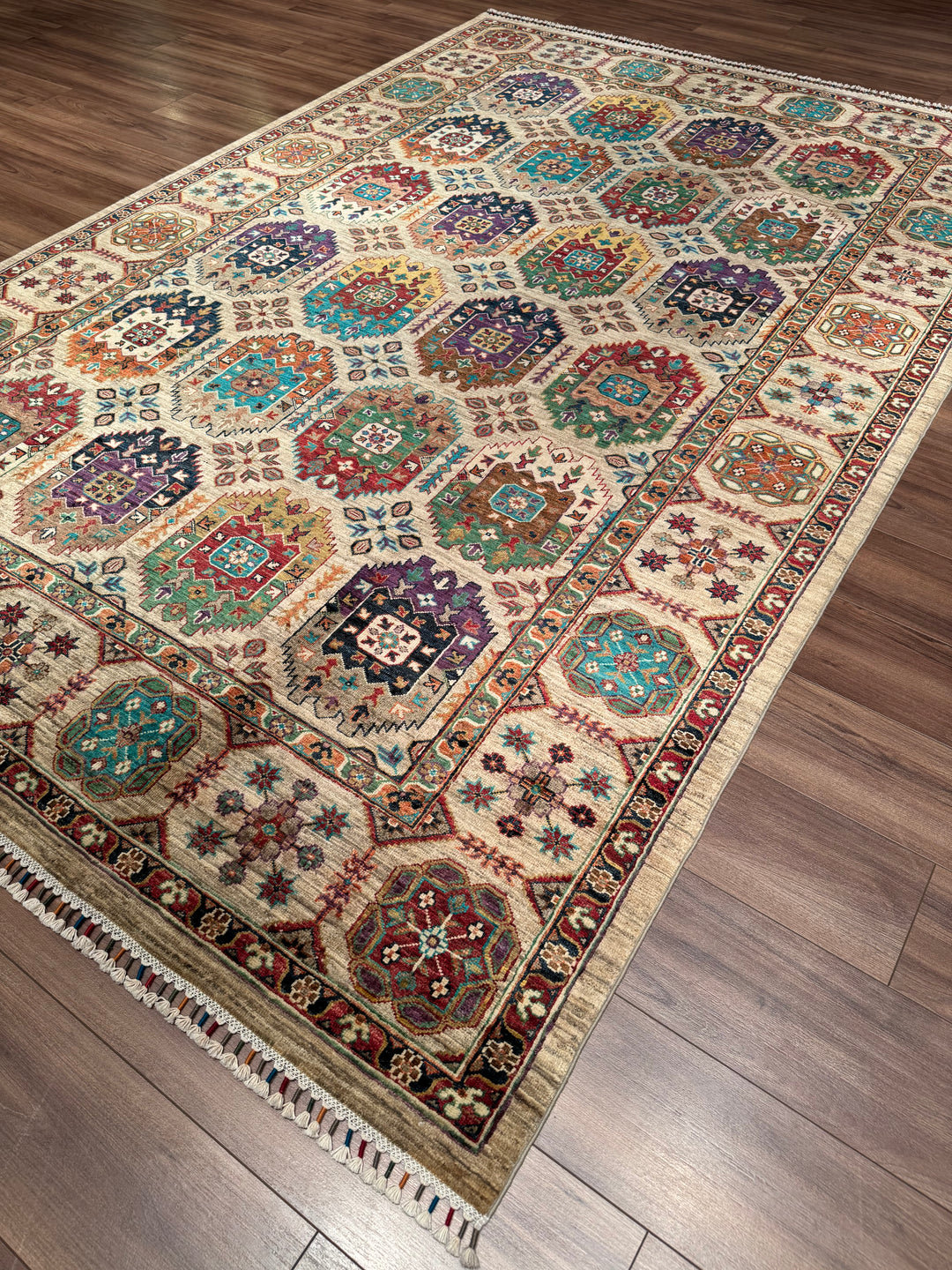 Veziri Orijinal El Dokuması Bej Kök Boya Yün Halı 209x312 6.52 Metrekare - 7x10 ft