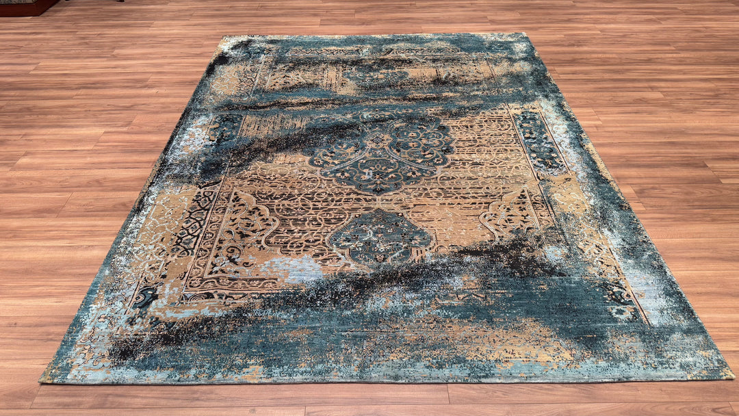 Oxidised Original Hand Woven Blue Wool Silk Carpet 236x301 7.10 Square Meters - 8x10 ft