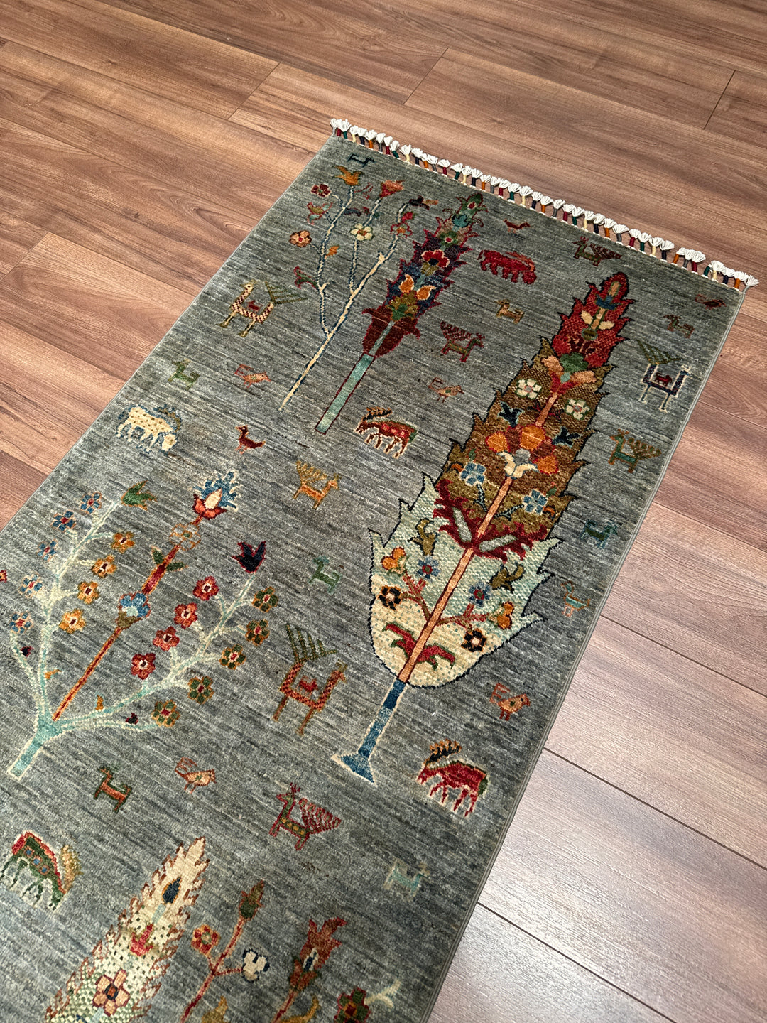 Hayat Ağacı Orijinal El Dokuması Yolluk Gri Kök Boya Yün Halı 0.82x310 2.54 Metrekare - 3x10 ft