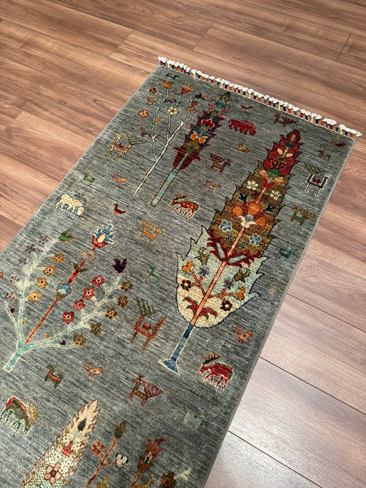 Hayat Ağacı Orijinal El Dokuması Yolluk Gri Kök Boya Yün Halı 0.82x310 2.54 Metrekare - 3x10 ft