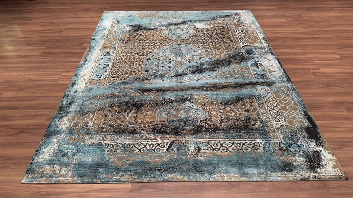 Oxidised Original Hand Woven Blue Wool Silk Carpet 236x301 7.10 Square Meters - 8x10 ft