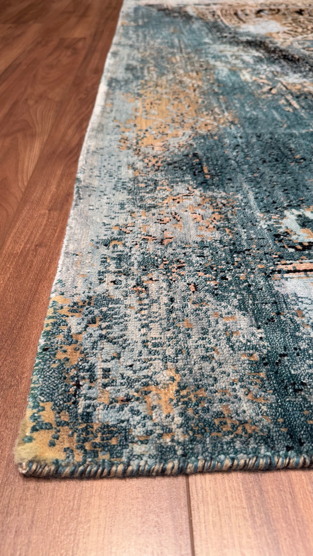 Oxidised Original Hand Woven Blue Wool Silk Carpet 236x301 7.10 Square Meters - 8x10 ft