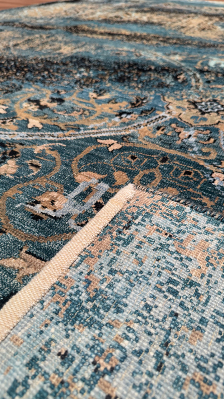 Oxidised Original Hand Woven Blue Wool Silk Carpet 236x301 7.10 Square Meters - 8x10 ft