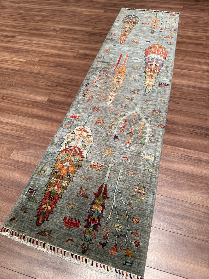 Hayat Ağacı Orijinal El Dokuması Yolluk Gri Kök Boya Yün Halı 0.82x310 2.54 Metrekare - 3x10 ft