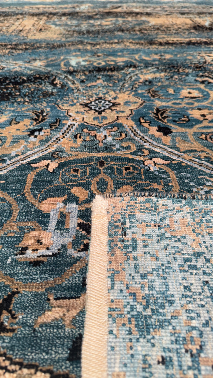 Oxidised Original Hand Woven Blue Wool Silk Carpet 236x301 7.10 Square Meters - 8x10 ft