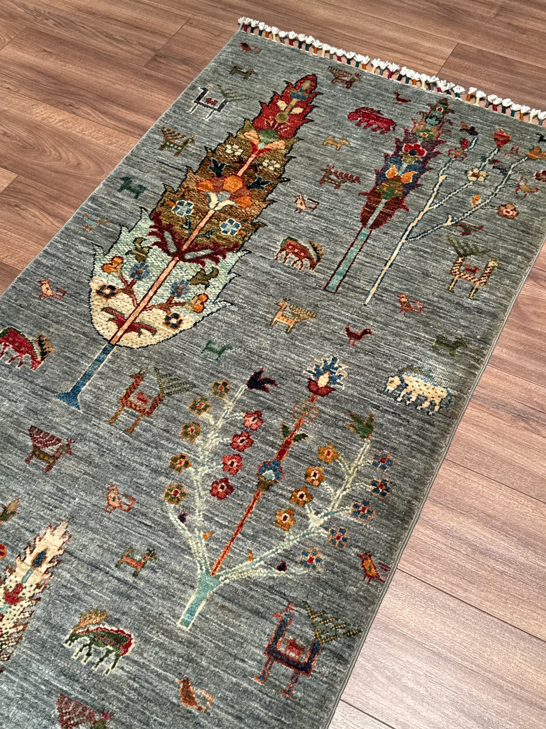 Hayat Ağacı Orijinal El Dokuması Yolluk Gri Kök Boya Yün Halı 0.78x311 2.43 Metrekare - 3x10 ft