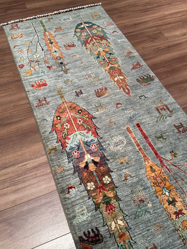Hayat Ağacı Orijinal El Dokuması Yolluk Gri Kök Boya Yün Halı 0.78x311 2.43 Metrekare - 3x10 ft