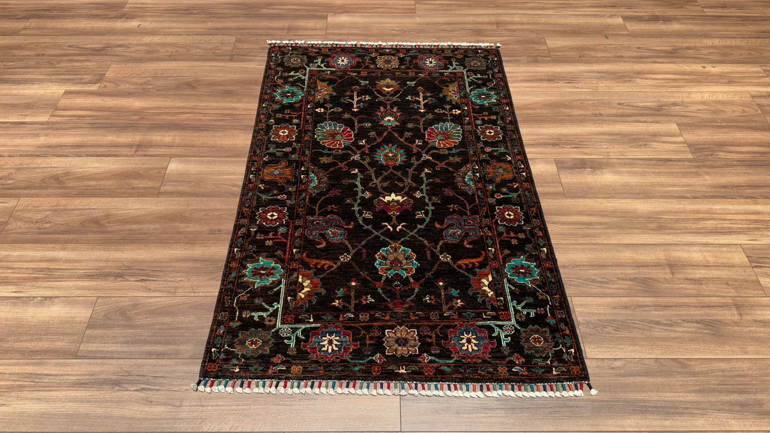 Sultani Floral Original Hand Woven Black Vegetable Dyed Wool Carpet 101x152 1.54 Square Meters - 3x5 ft